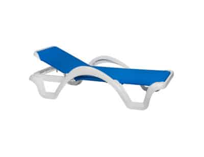 Plastic sun lounger carmen with blue fabric with reclining backrest and armrests, on a white background