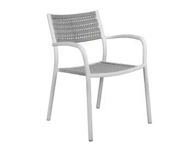 Imagen de una silla de diseño moderno con estructura y patas en color blanco. Presenta un asiento y respaldo tejidos con un patrón geométrico de cuadrícula, también en blanco, que contrasta con el fondo neutro.