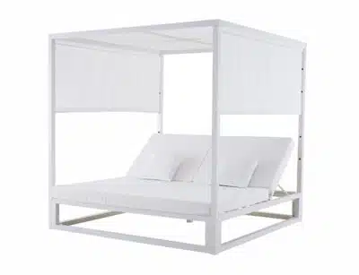 Cama balinesa moderna blanca con 2 colchónes individuales unidos de color blanco y almohadas a juego, diseño minimalista y elegante