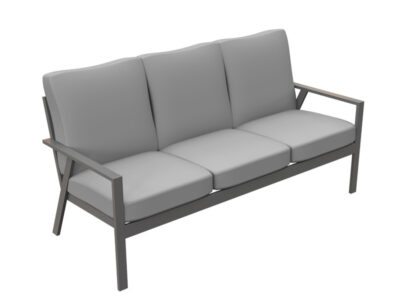 La imagen muestra un sofá moderno de tres plazas con estructura de metal pintado en gris oscuro y cojines en tonos neutros grises. El diseño es minimalista y funcional