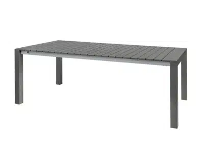 Mesa de exterior moderna con diseño de listones y color gris uniforme, ideal para patios y jardines