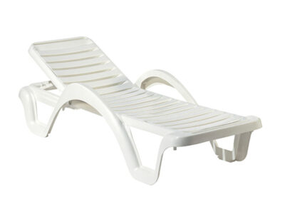 White polypropylene resin sun lounger with horizontal slat design and stable outdoor frame on a white background