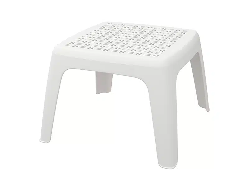 Mini mesa de resina polipropileno con diseño de superficie perforada y cuatro patas, estilo minimalista y práctico