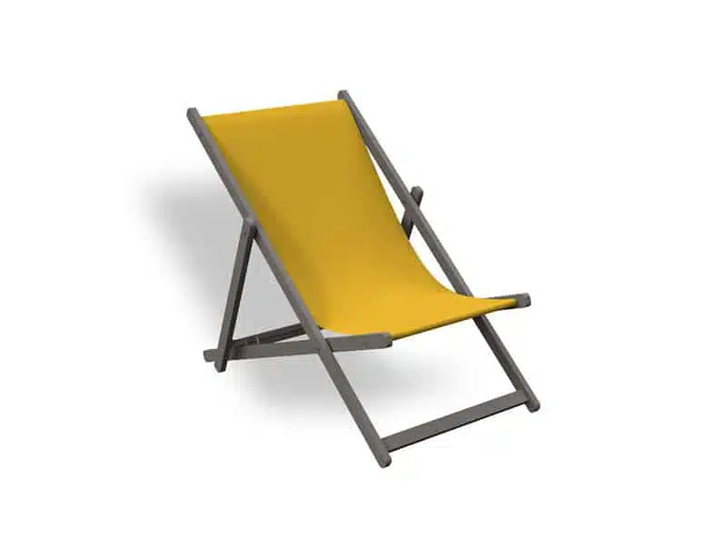 Mini tumbona plegable de diseño minimalista en color amarillo, con estructura de madera y asiento de tela resistente, aislada sobre fondo blanco