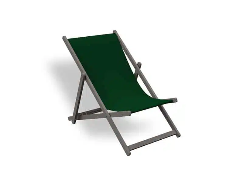 Mini tumbona plegable de diseño minimalista en color verde oscuro, con estructura de madera y asiento de tela resistente, aislada sobre fondo blanco