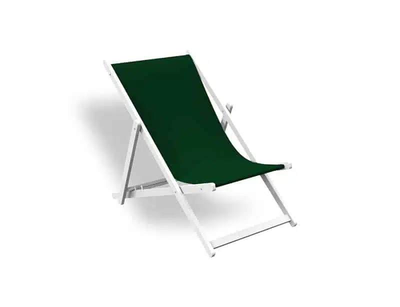 Mini tumbona plegable de diseño minimalista en color verde oscuro, con estructura de madera y asiento de tela resistente, aislada sobre fondo blanco