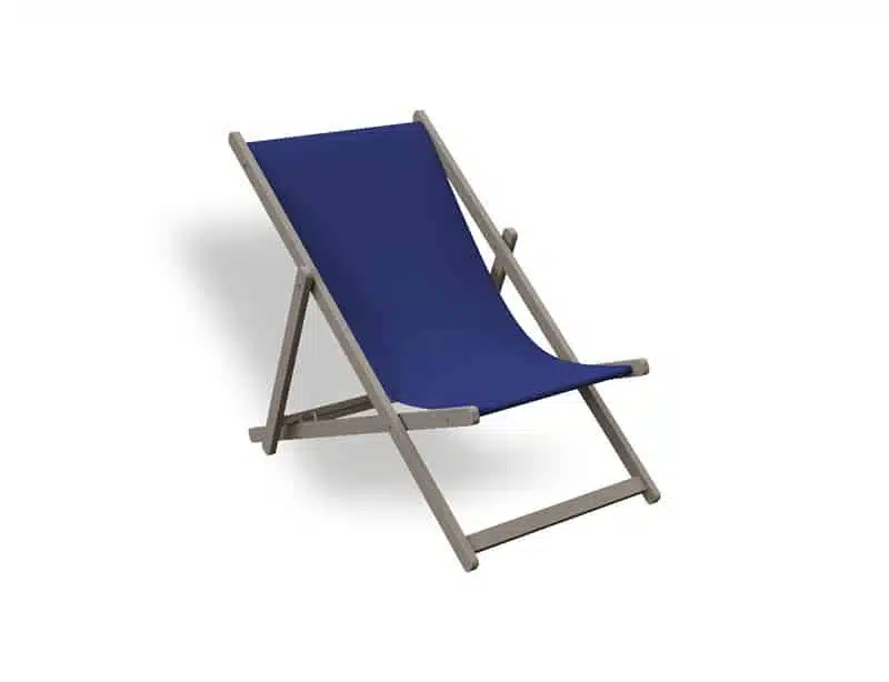 Mini tumbona plegable de diseño minimalista en color azul, con estructura de madera y asiento de tela resistente, aislada sobre fondo blanco