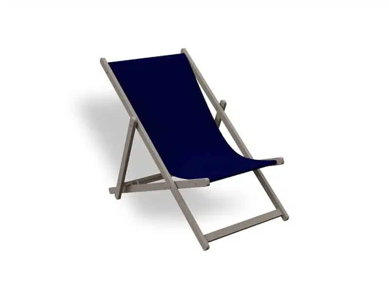 Mini tumbona plegable de diseño minimalista en color azul marino, con estructura de madera y asiento de tela resistente, aislada sobre fondo blanco